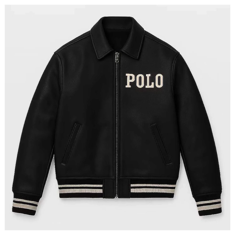 Polo Ralph Lauren Black Genuine Leather Varsity Bomber Jacket