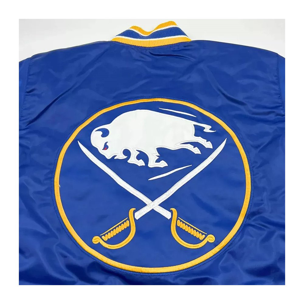 Buffalo Sabers royal blue satin varsity snap-up jacket.
