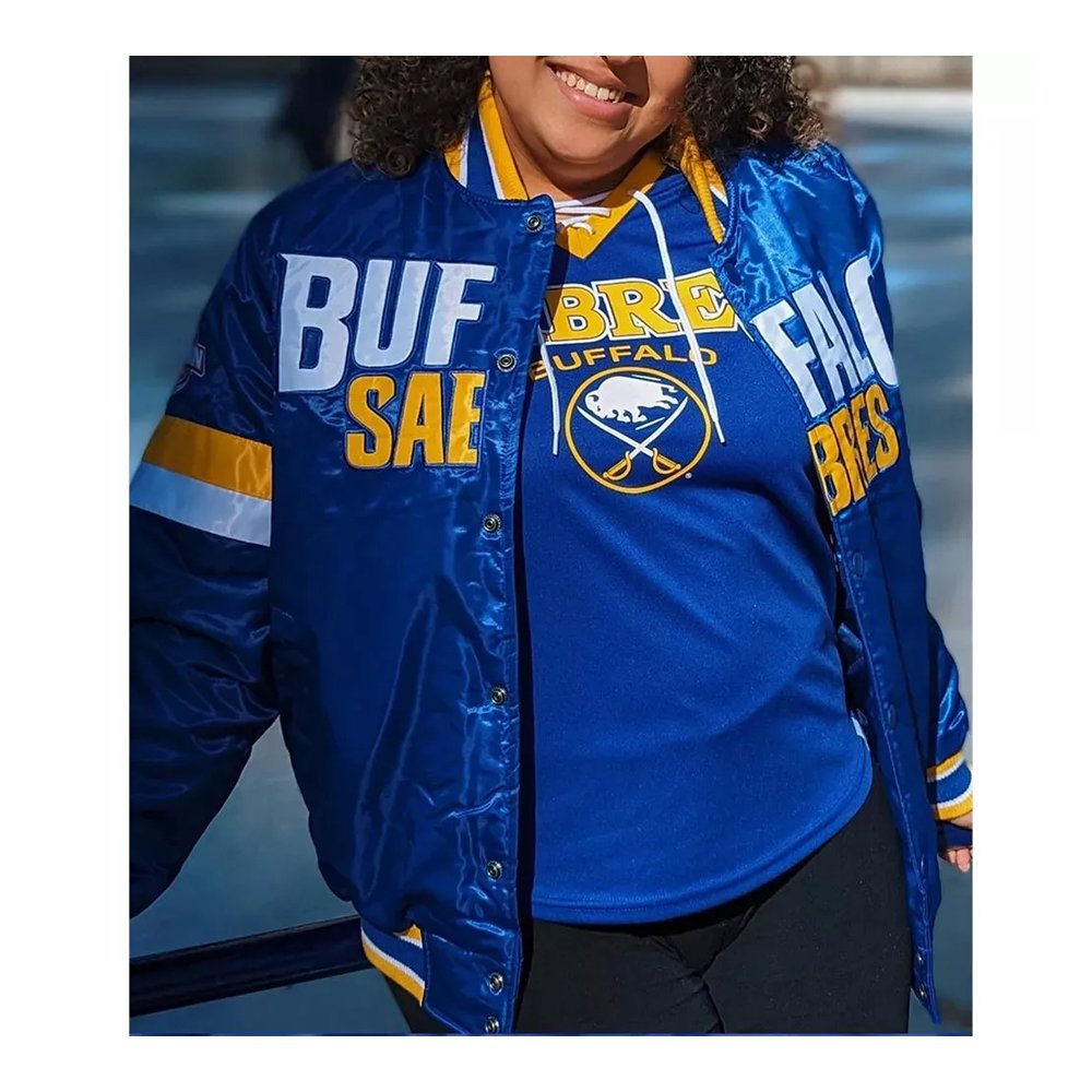 Buffalo Sabers royal blue satin varsity snap-up jacket.