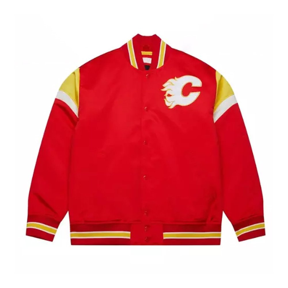 Calgary Flames jacket, Mitchell & Ness jacket, heavyweight satin jacket, varsity snap-up jacket, NHL fan apparel, Flames fan gear, men’s sports jacket, game day outfit, streetwear jacket, team graphics jacket, premium fan jacket, hockey fan jacket, red satin jacket