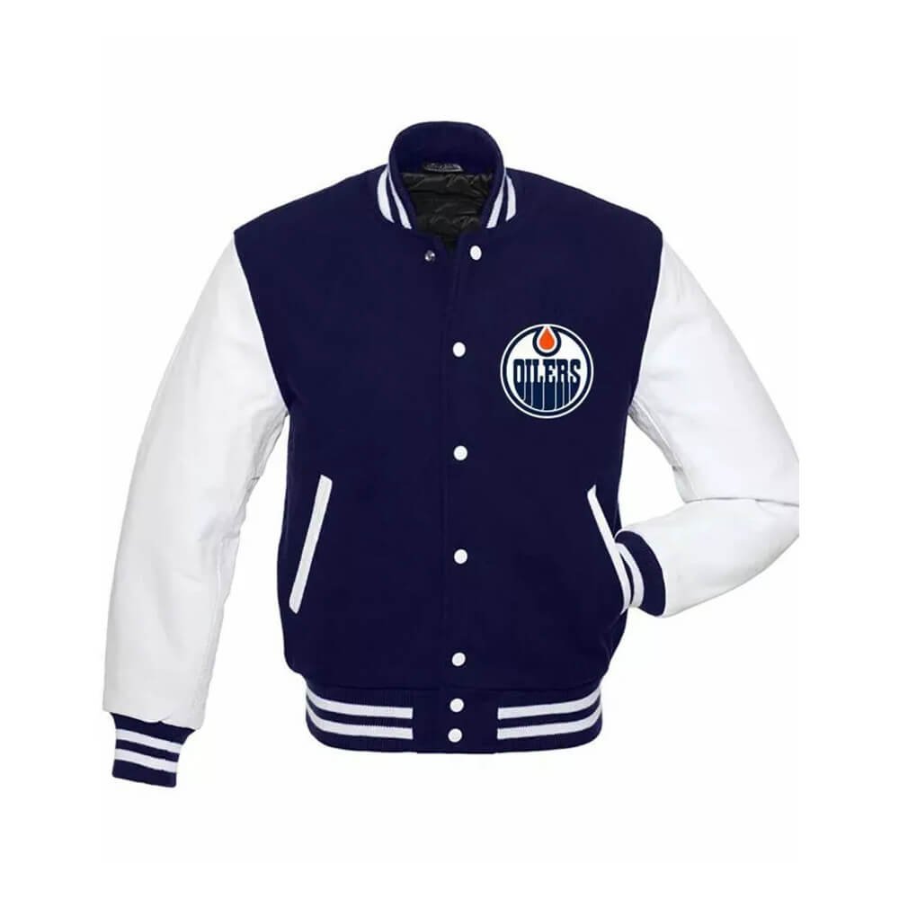 Premium blue wool body for warmth and style White leather sleeves for bold contrast Classic varsity snap-button front Ribbed collar, cuffs, and hem for snug fit Striking Edmonton Oilers graphics and embroidery Soft inner lining for comfort