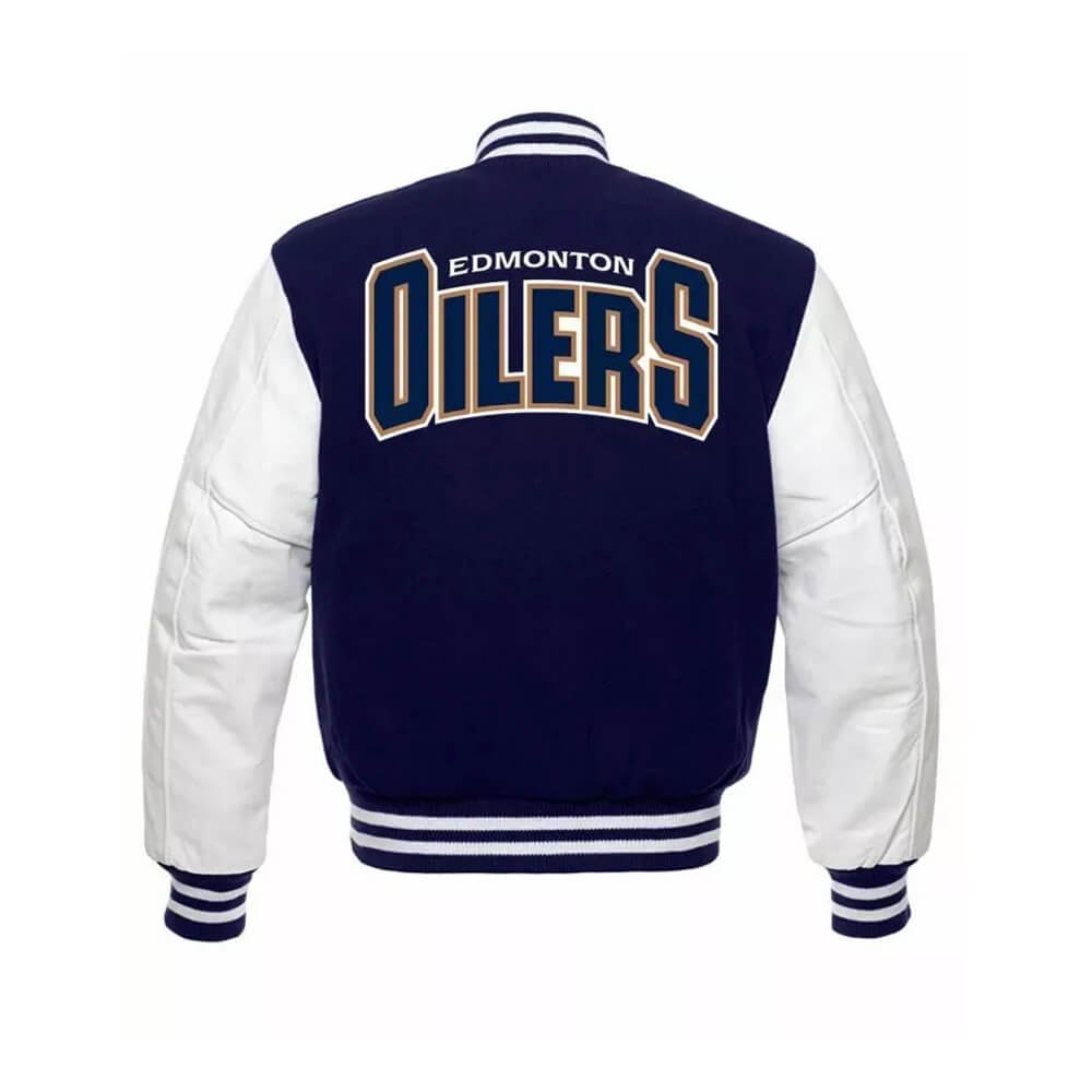 Premium blue wool body for warmth and style White leather sleeves for bold contrast Classic varsity snap-button front Ribbed collar, cuffs, and hem for snug fit Striking Edmonton Oilers graphics and embroidery Soft inner lining for comfort