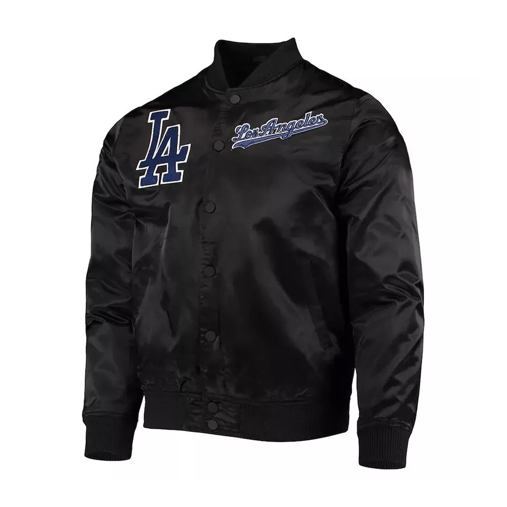 LA Dodgers Wordmark Black Satin Bomber