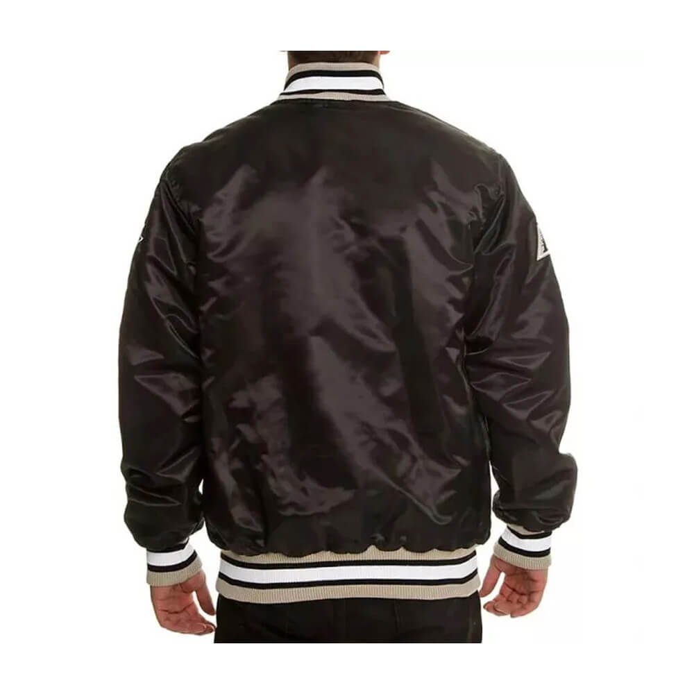 Los Angeles Kings jacket, black satin varsity jacket, NHL fan jacket, snap-button jacket, team apparel, Kings fan gear, men’s sports jacket, women’s fan jacket, game day outfit, streetwear jacket, hockey fan jacket, premium fan jacket, varsity style jacket