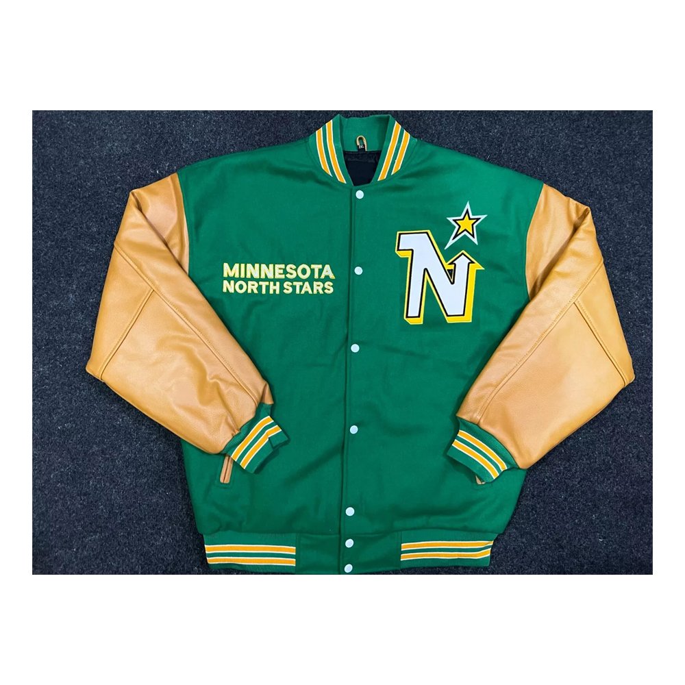 Green & gold Minnesota North Stars colors Wool body with leather sleeves Ribbed cuffs, collar & waistband Snap-front with pockets Embroidered team logos