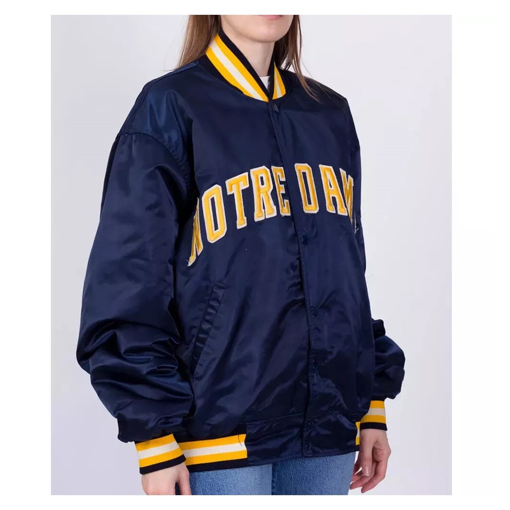 University of Notre Dame 90's Blue Satin Bomber Jacket. - Image 2