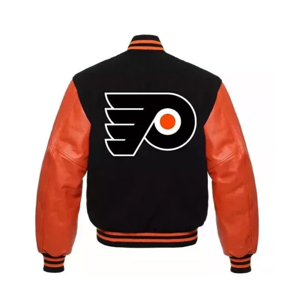 Black and orange two-tone wool garment featuring leather sleeves