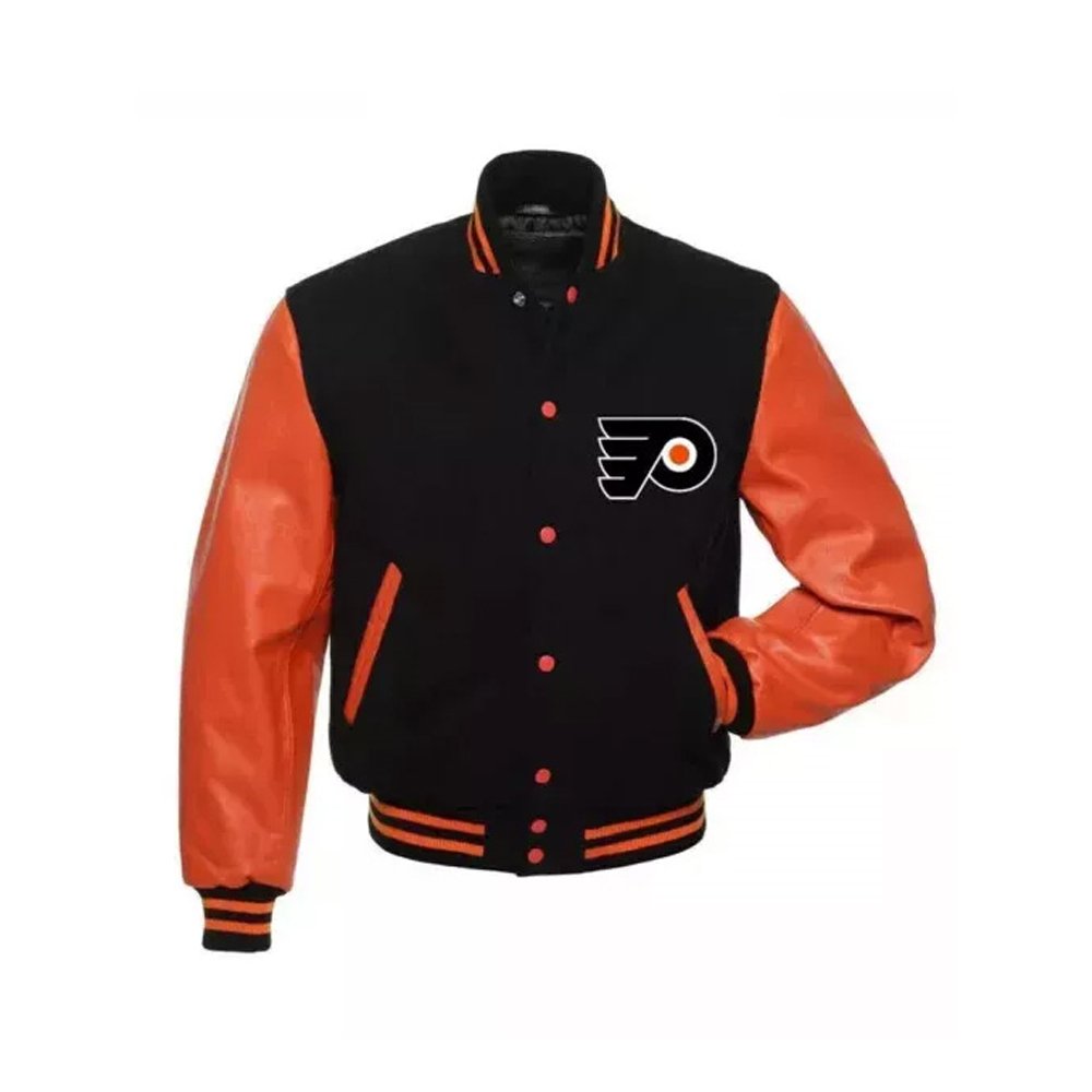 Black and orange two-tone wool garment featuring leather sleeves